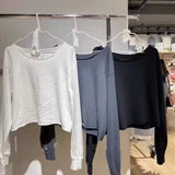 Ifomt Off Shoulder Edge Curl Y2K Short Pullovers New Autumn Solid Color Wide Collar Tops Long Sleeve Casual Streetwear Women Tee Shirt