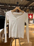 Ifomt Chic Hollow Out Pink Long Sleeve T-Shirt Summer Round Neck Buttons Cotton Slim Sexy Top for Woman Vintage Sweet Cute Y2k Tops