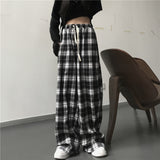 IFOMT Oversize Women Sweatpants Fashion Black Plaid Casual Pants Baggy Elastic Waist Pockets Student Unisex Hip Hop Loose Trousers