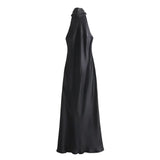 Ifomt Women's Sexy Satin Long Robes Round Neck Halter Lace Up Fashion Vestidos Summer Lady Sleeveless Open Back Maxi Gowns Party Dress