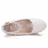 IFOMT  Crystal Queen White Wedges Wedding Pumps Sweet White Flower Lace Pearl Platform Pump Shoes Classic Bride Dress High Heeled Lady