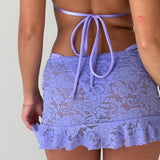 IFOMT Outfits Women's Y2K Floral Lace See-through Elastic Low Waist Ruffled Hem Slim Fit Short Mini Mermaid Skirts Bikini Cover-ups