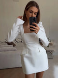 IFOMT Square Collar Long Sleeve Mini Dress For Women Ruched Elegant Bodycon Office Lady Outfits Pockets Splice Dress Spring New