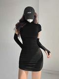 IFOMT Women's Tight Hip Wrap Mini Dress with Sleeves Spicy Girls Slim Dresses Bodycon Party Clothing Sexy Summer
