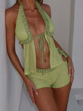 Ifomt Chic Solid Lace Up Hollow Out Sleeveless Short Top 2 Piece Sexy Slim Fit Knit Shorts Suit New Female Vacation Neach Outfits 2025