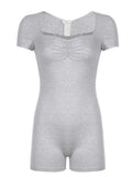 IFOMT Spring Outfits Gray Solid Shirring Lace Trim Square Collar Skinny Cute Sexy Playsuit Women Short Sleeve Casual Summer Baddie Rompers