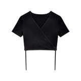 IFOMT Summer Casual Tee Tops Women T shirts Solid V-neck Sexy Cropped Top Cross Tie-Up Harajuku Basic Korean Street T-shirts mujer Y2k