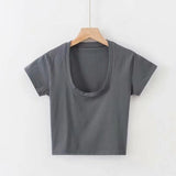 IFOMT Summer Sexy T Shirt Tops for Women Clothes Stretch Slim Tees Shirt Femme U Neck Short Sleeve T-shirts Streetwea Crop Top