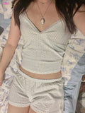 Ifomt Blue Heart Print Chic Tank Camis + Shorts Two Piece Set For Women V-neck Lace Trim Sweet Y2K Tops Vest Trouser Home Women Suit