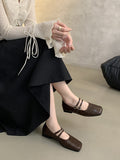 IFOMT Belt Buckle Shallow Cut Split-Joint Square-Toe Flats Mary Janes