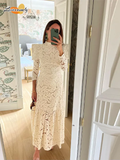 Ifomt Elegant Hollowed Lace Maxi White Dress Women Fashion Mock Neck Long Sleeved Shoulder Padded Robes 2025 Evening Women's Clothing