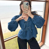 IFOMT Outfit Women's Y2K Vintage Denim T-Shirts Elastic Lantern Long Sleeve Aesthetic Bow Tied V-Neck Ruffled Flare Cropped Tops