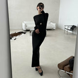 IFOMT Outfit New Solid Color Round Neck Long-Sleeved Package Hip Sexy Long Dress Autumn And Winter Waisted Bottoming Long Skirt