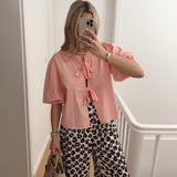 IFOMT TRAUXY White Lace-up Short Sleeve Shirt For Women Casual Loose Solid Color Patchwork Summer Blouse Female Club Party Outfits