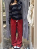 Ifomt Red Drawstring Elastic Waist Oversized Retro Trouser Woman Casual Wide Leg Pant Loose Y2K Harajuku Sweatpants Cototn Blend