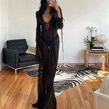 IFOMT Outfit Women's Sexy Sheer Mesh Boho Beachwear Flare Long Sleeve Ruffled Tie-up V Neck See-through High Slit Long Dress