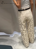 Ifomt Sexy Hollow Out Jean Women White Flower Baggy Hole Zipper Pocket Straight Long Pants Female 2025 Summer Elegant Lady Streetwears