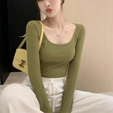 IFOMT U Neck Long Sleeve Shirt Women Warm Fleece Sexy Cropped Tops Autumn Winter Black Casual Skinny Slim Basic T Shirt Woman