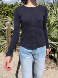 Ifomt Vintage Navy Striped Slim T-shirt Women O-neck Single Breasted Cotton Long Sleeve Tee Shirts American Sweet All-match Y2K Tops