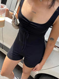 IFOMT Spring Outfits Cross Backless Skinny Sexy Black Rompers Women Front Shirring Lace-Up Sleeveless Square Collar Rave Sports Playsuits
