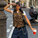 IFOMT Outfit Casual Women Leopard Mini Y2K Basic Crop Tops Vest Cardigans Sleeveless Sexy Fashion Club Streetwear Summer Tank