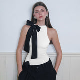 IFOMT Outfit Fashion Slim Fit Bodysuits Sleeveless Half High Neck One Line Shoulder Bow Pullover Sexy Versatile Bodysuit For Women