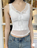 Ifomt Transparent Mesh Sexy Tank Top Love Jacquard Ruffle Sweet Spicy Girl Summer Vest Lace-up Slim Sheer Sleeveless Y2K Top 2025 New