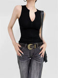 IFOMT Solid Ribbed Zipper Tank Top Women Street Basic Skinny Elastic Sleeveless Tops Low Cut Sexy Crop Top Y2k Clothing Tee Shirts