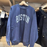 Ifomt BOSTON Letter Patch Embroidery Winter Sweatshirt Round Neck Retro Y2K Autumn Pullovers Top Harajuku Streetwear Navy Blue Hoodie