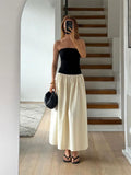 Ifomt Elegant Round Collar Long Sleeve Slim Robe Women Contrast Spliced Pleated Hem Long Dress New Lady Fashion Evening Party Dresses