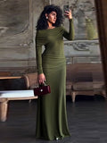 IFOMT Elegant Ruched Bodycon Maxi Dress Female Soild High Street Party Evening Dresses Long Sleeve Irrgular Splice Lady ClothesChristmas Gifts