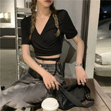 IFOMT Summer Casual Tee Tops Women T shirts Solid V-neck Sexy Cropped Top Cross Tie-Up Harajuku Basic Korean Street T-shirts mujer Y2k