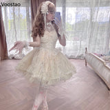 Ifomt Japanese Sweet Lolita Jsk Dress Women Elegant Pearl Mesh Lace Bow Princess Evening Party Dresses Kawaii Flower Wedding Dress