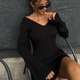 IFOMT Autumn Winter Sweater Dress Sexy Off-Shoulder Women's A-Line Hem Elegant Rib Knit Mini Dresses Long Sleeve Higt WaistedChristmas Gifts