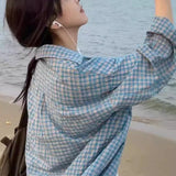 Ifomt Blue Plaid Cotton Autumn Women Blouse Lapel Button Loose Casual Shirts Spring Fashion Long Sleeve Top Woman Academic Style New