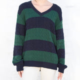 Ifomt Vintage Green Striped Knitted Sweater Women Autumn Winter V Neck Long Sleeve Oversize Pullovers Simple Casual Cotton Top Chic