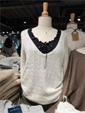 Ifomt Beige Twisted Flower Thin Knitted Sweater Women Preppy Style V-Neck Long Sleeve Jumpers Spring Sweet Cute Sweater Y2K Tops New