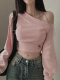 IFOMT Spring Outfits Fashion Trendy Women’s Top Tees Long Sleeve Simple Skew Collar Solid One-Shoulder Comfortable Blouses Causal