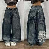 Ifomt American Y2K New Fashion Pattern Embroidery Loose Jeans Men Street Casual Joker Mopping Oversized Wide-leg Pants Couple Jeans Casual Outfit
