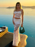 Ifomt Sexy Backless Hollow Out Camisole Top Suits White Lace High Waist Slim Fit Transparent Long Skirts Set Summer Casual Party Sets