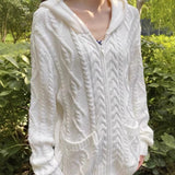 Ifomt New White Twist Hooded Sweater Women Autumn Winter Loose Cute Long Sleeve Knitted Cardigan Sweet Vintage Preppy Style Jumper Top