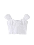 Ifomt Square Collar Lace-up Chic Summer T-shirts Flower Embroidery Tight Sexy Crop Top Sweet White Versatile Short Sleeve Tee Tank