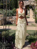 Ifomt Sexy V Neck Solid Color Halter Tops Suit Women Elegant Pleat High Waist Midi Skirt 2pcs Set New Summer Lady Vocation Beach Robes