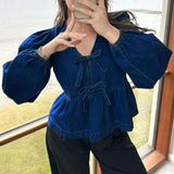 IFOMT Outfit Women's Y2K Vintage Denim T-Shirts Elastic Lantern Long Sleeve Aesthetic Bow Tied V-Neck Ruffled Flare Cropped Tops