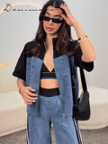 Ifomt Striped Short Sleeved Pants Sets Women Patchwork Lapel Zipper Jacket Elastic Waist Straight Trouser 2025 Summer Casual Lady Suit