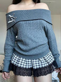IFOMT Bow Patchwork Off Shoulder Cable Knit Sweater