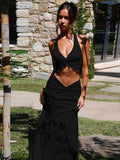 Ifomt Sexy V Neck Solid Color Halter Tops Suit Women Elegant Pleat High Waist Midi Skirt 2pcs Set New Summer Lady Vocation Beach Robes