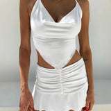 IFOMT Outfits Streetwear Women's Y2K Casual Ruched Pleated Hem Solid Color Elastic Low Waist Short Mini Beachwear Flare Skirts