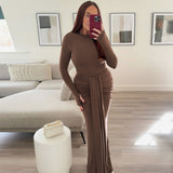 IFOMT Casual Winter Outfits O Neck Long Sleeve Bandage Ruched Women'S Dresses Elegant Evening Bodycon Long Dress Party Prom Ladis Dress Winter