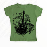 Ifomt Fashion Y2K Fake Two Guitar Print Punk T-shirts Women Slim Goth Street Retro black Tops Dark crop Tops Sexy Clothing 2000s Tops Casual Outfit